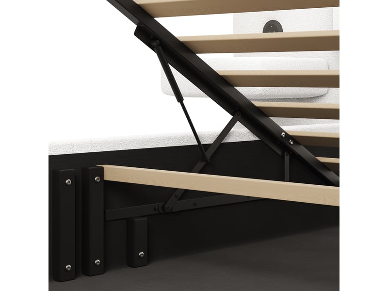  Lit coffre 180x200 cm rembourré teddyfleece avec tête de lit, ports usb, rangement hydraulique et chevets intégrés - blanc et bois naturel  - Conforama E
