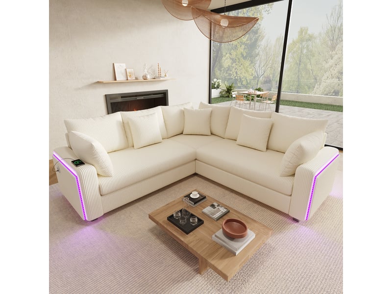 Canapé d'angle l avec éclairage led d'ambiance, port usb, en velours côtelé doux, coussins assortis inclus, design moderne, beige evarich - Conforama E