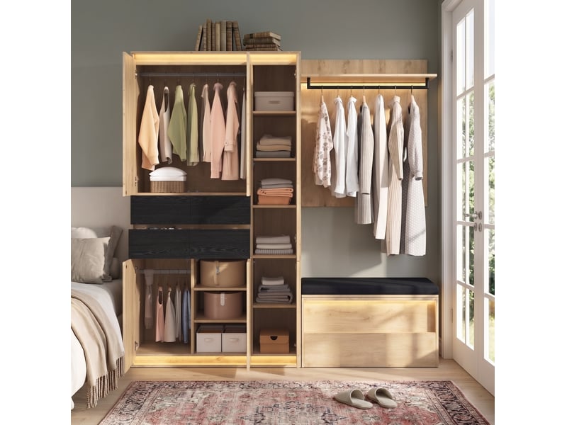 Ensemble vestiaire 200x47x200 cm avec led, miroir et 4 tiroirs coloris chêne anthracite - Conforama D
