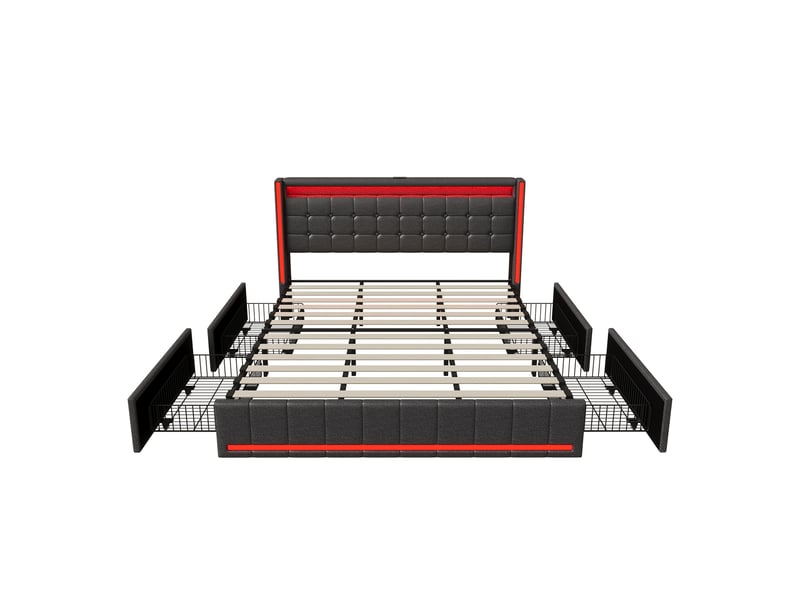  Lit double adulte 180x200, lit 180x200, 4 tiroirs, bandeau led et port usb, tissu en lin, gris  - Conforama A