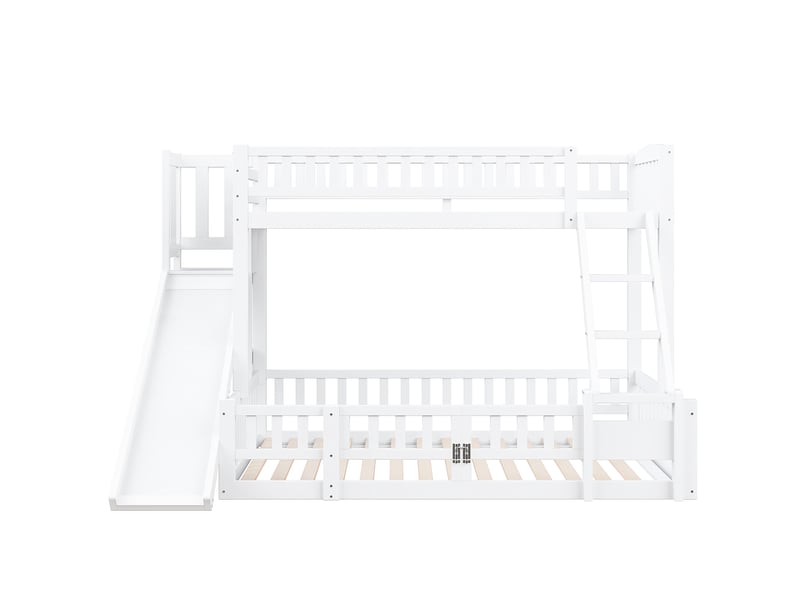  Lit superposé avec toboggan, étagères et porte coulissante, pin blanc, 90x200+140x200 cm  - Conforama A