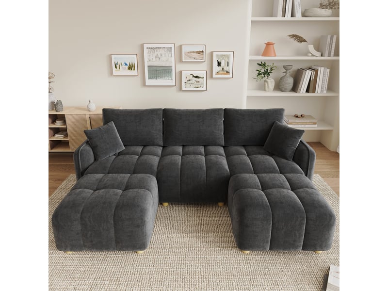 Canapé d'angle modulable 5 places en lu avec 2 poufs, canapé nuage en tissu chenille, larges accoudoirs, gris - Conforama B
