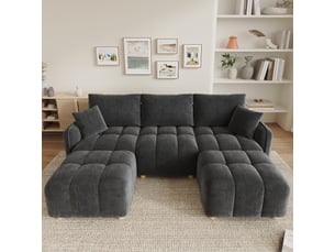 Canapé d'angle modulable 5 places en lu avec 2 poufs, canapé nuage en tissu chenille, larges accoudoirs, gris