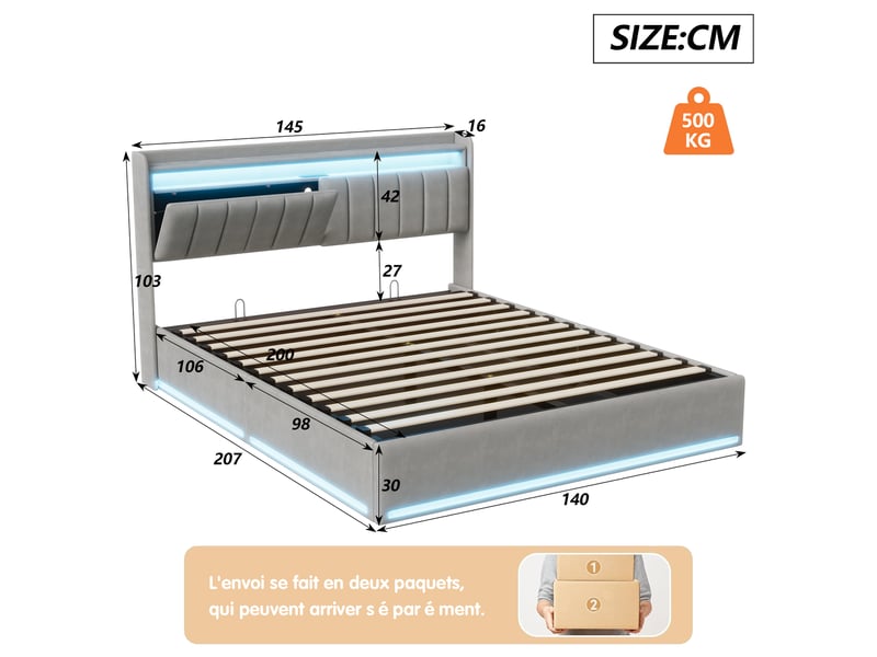 Lit coffre 140x200cm - lit double 140x200 - cadre de lit avec led rgb, tête de lit avec rangement, prise usb type-c - velours gris - Conforama E