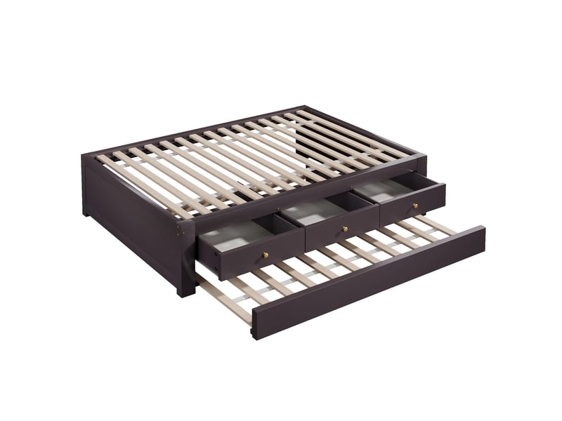  Lit simple 90x200 cm avec 3 tiroirs et lit gigogne 90x190 cm marron café, sans de tête de lit ni de matelas  - Conforama R