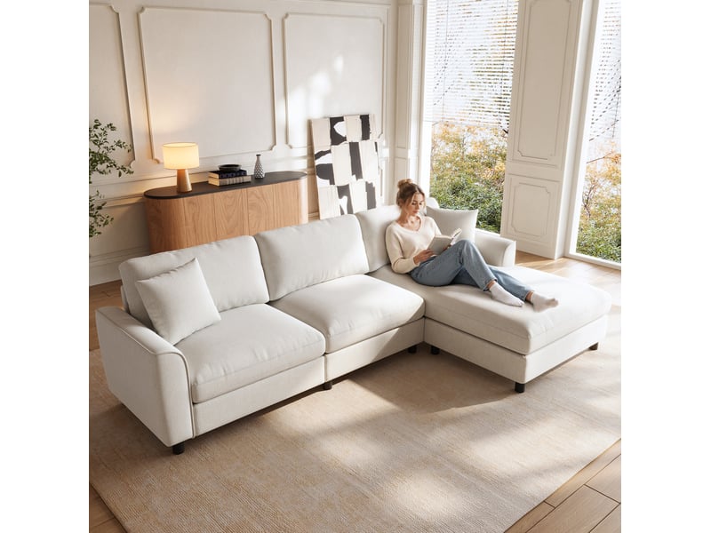  Canapé d'angle 3 places avec méridienne réversible 256 x 137 x 79 cm, en chenille beige  - Conforama D