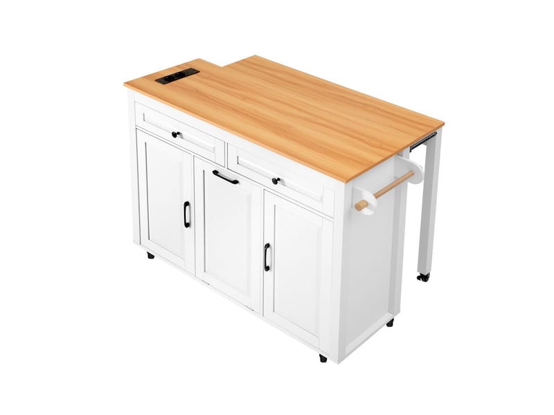  Îlot de cuisine meuble de cuisine sur roulettes espace repas extensible plan de travail compartiment poubelle multiprises intégrées structure autoportante finition blanche  - Conforama A