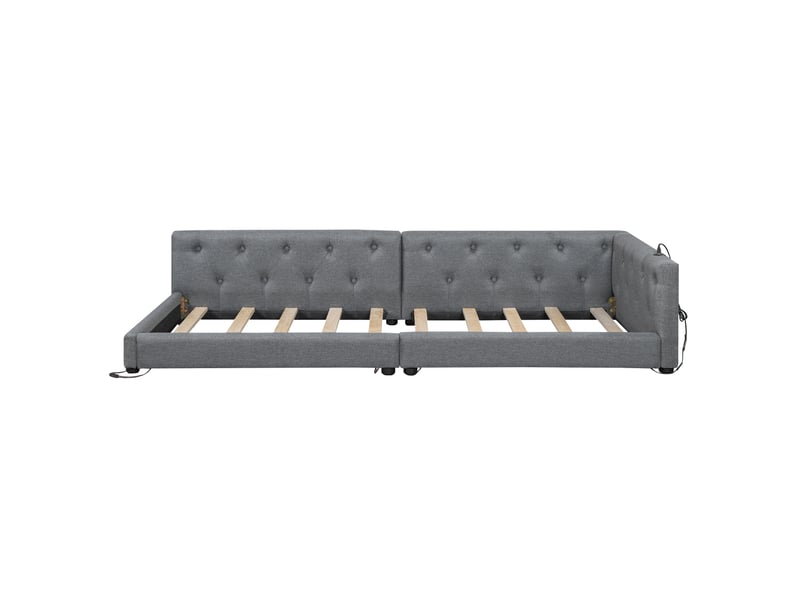  Lit enfant canapé-lit 90x200 cm avec led 7 couleurs, usb et type-c intégrés, dossier à boutons, lin et mdf, gris, sans matelas  - Conforama E