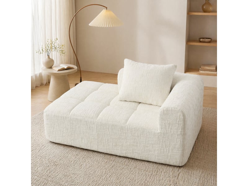 Méridienne en chenille avec coussin et poches latérales, assise souple rembourrée à rebond rapide, beige - Conforama C