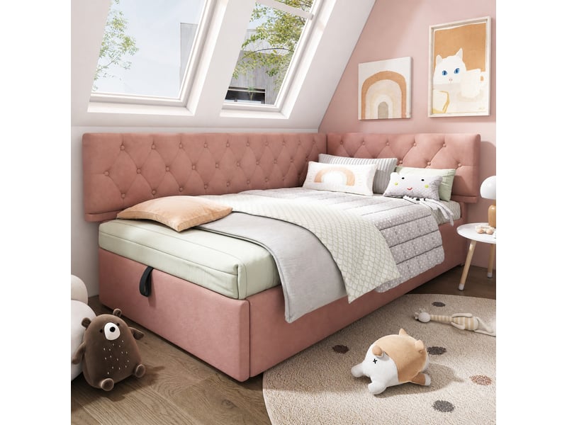 Lit banquette coffre 190×90 cm avec rangement hydraulique et dossier réversible, sans matelas, en velours rose - Conforama B