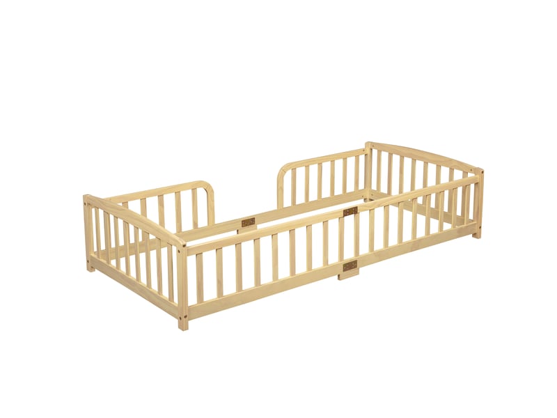  Lit au sol enfant 90x200 cm en bois de pin naturel avec barrières de sécurité  - Conforama W