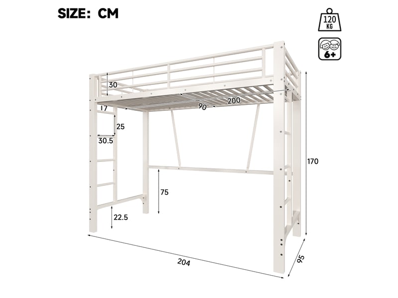 Lit mezzanine 90x200 cm en métal avec double échelle coloris blanc - Conforama C