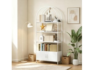 Bibliothèque à 4 niveaux avec meuble à double porte 80x30x187 cm en panneau de particules et métal blanc
