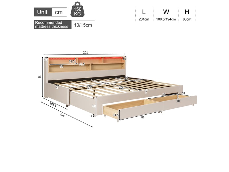 Lit gigogne 90x200 cm lit banquette extensible 180 cm avec 2 tiroirs, usb et led, velours beige ABC - Conforama C