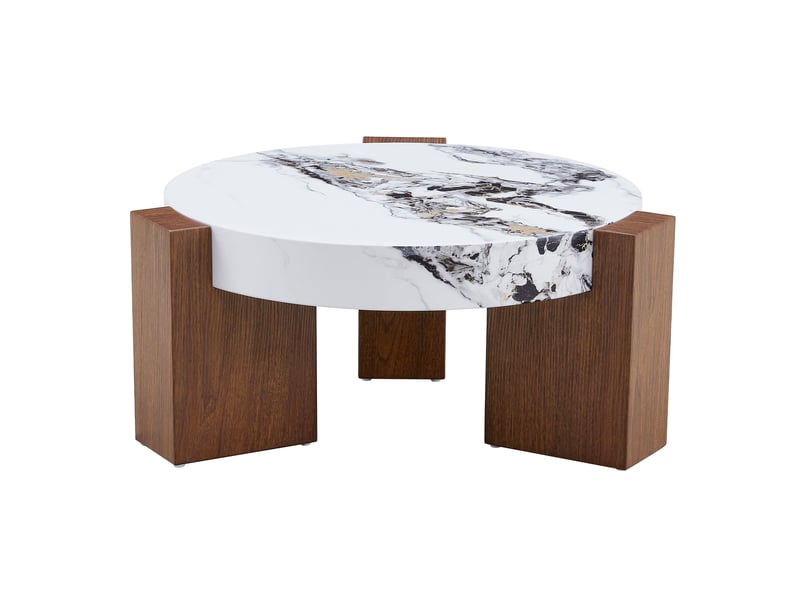  Table basse de salon muvano, ensemble de tables basses gigognes rondes, effet bois de noyer et marbre blanc  - Conforama A