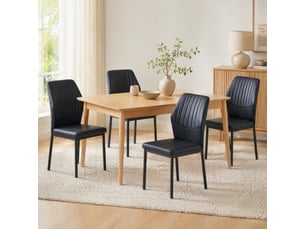 Chaises de salle à manger lot de 4 à dossier côtelé  - pieds en métal, simili cuir noir