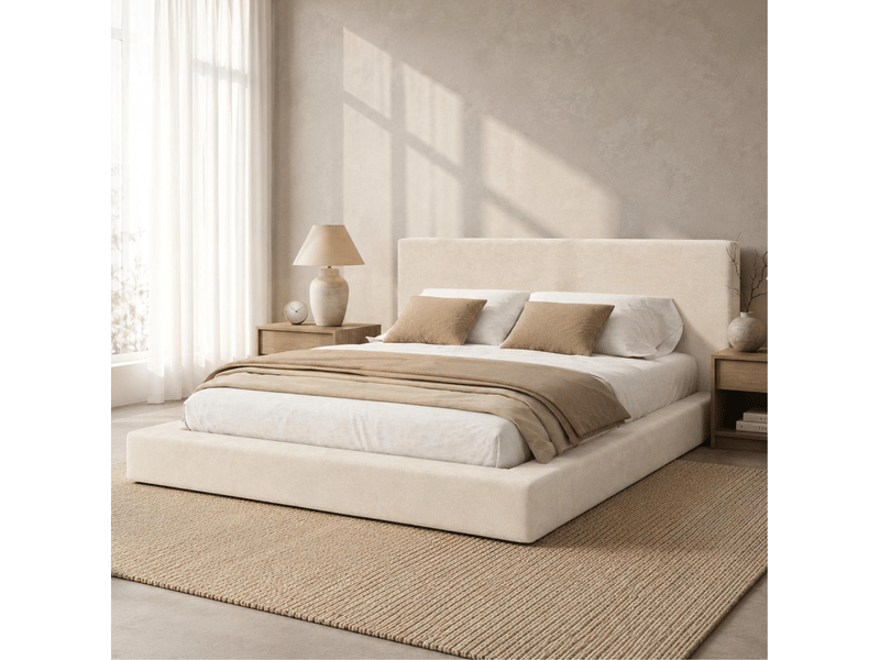  Lit double 180x200 cm lit adulte avec sommier à lattes, chenille beige, sans matelas  - Conforama W