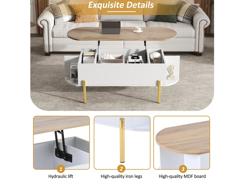  Table basse relevable avec compartiment caché, 7 niches de rangement et 4 pieds métalliques, pour salon, 120 × 50 × 43 cm  - Conforama E