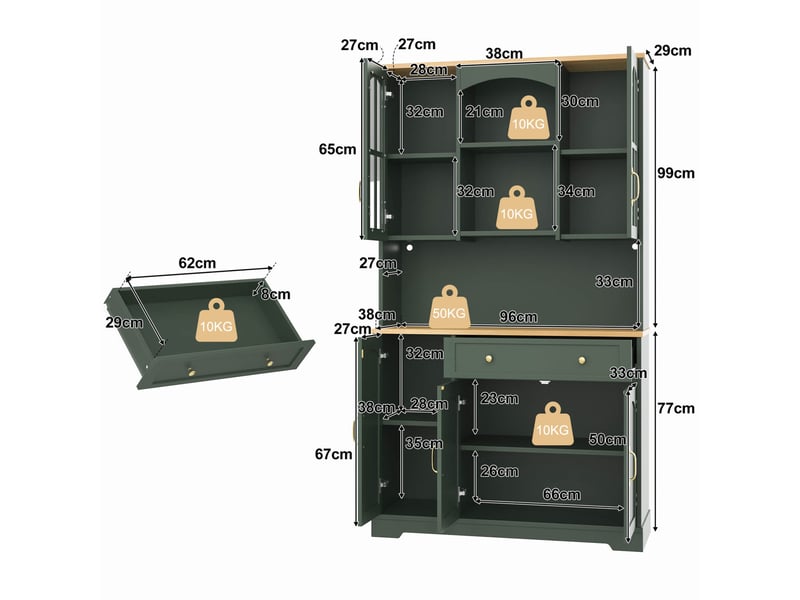  Buffet de cuisine haut avec 2 portes vitrées, 1 tiroir, étagères réglables et éclairage led pour cuisine, vert  - Conforama D