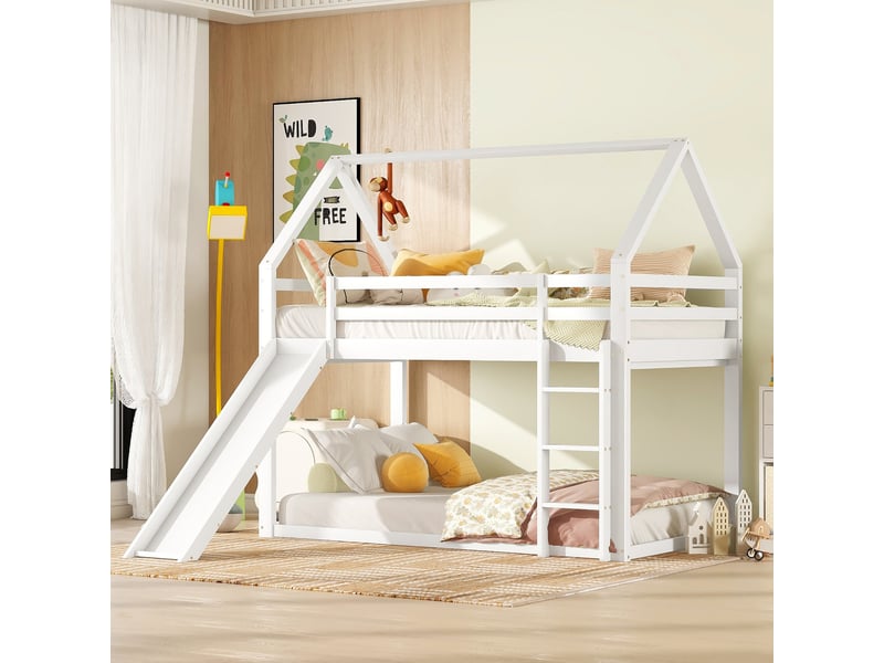 Lit superposé maison blanc 90×200 cm, avec toboggan, échelle intégrée, pour une chambre enfant, structure en pin  - Conforama E
