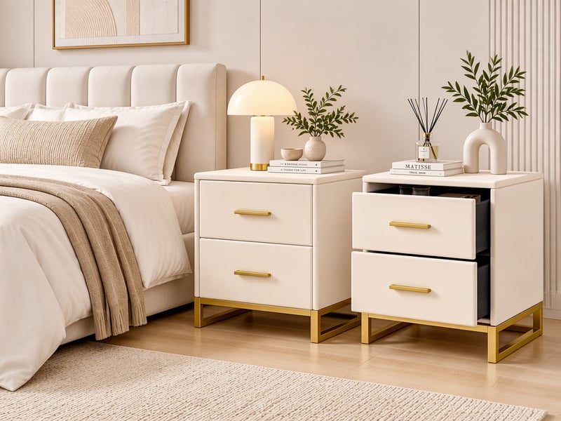Lot de 2 table de chevet avec 2 tiroirs,table d’appoint de chevet,pieds dorés, blanc,40x40x50 cm - Conforama B