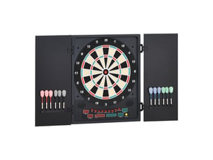Cible de fléchettes électronique max 8 joueurs, 12 fléchettes et 30 pointes, écran led, portes. 27 jeux, 202 variantes, 51 x 6,5 x 57 cm, noir