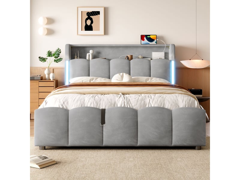 Lit coffre hydraulique 140x200 cm rembourré avec tête de lit rangement-led et usb-c-sommier à lattes en velours-gris - Conforama B
