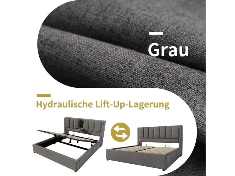  Lit double rembourré avec rangement - dimensions 160x200 cm - lin gris - station de charge usb et type-c  - Conforama E