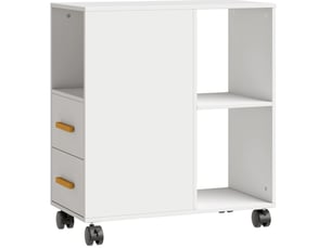 Meuble imprimante 60 x 30 x 65 cm blanc en bois, 2 tiroirs, 3 niches et tablette réglable pour bureau