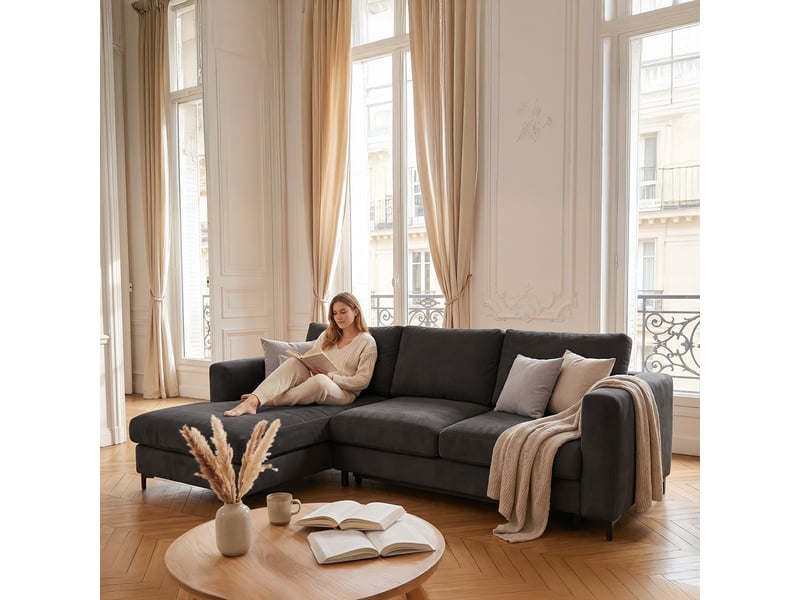 Canapé d'angle droit convertible - 4 places - velours côtelé - fiesole - noir 3CA52.CA.4AC.G.19 - Conforama D