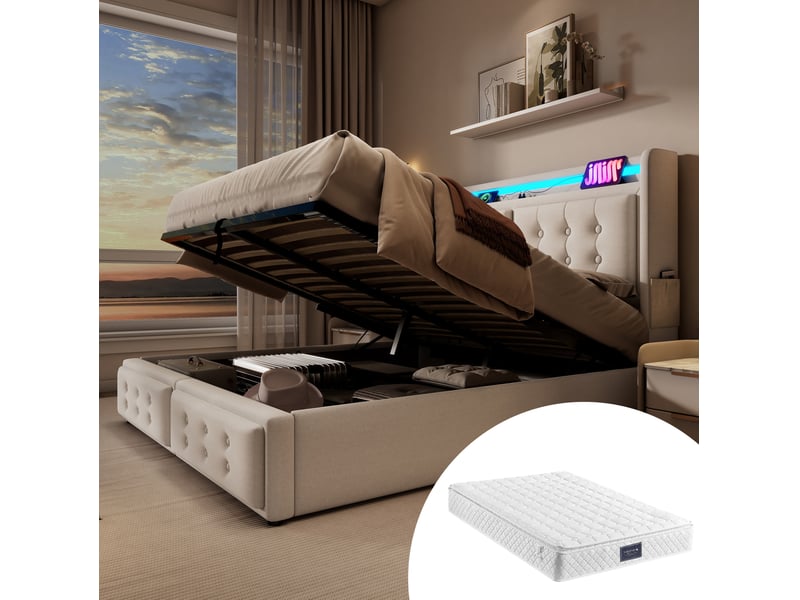  Lit coffre 140 x 200 cm beige avec matelas, led et recharge usb-c  - Conforama B