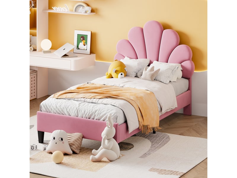  Lit enfant 90 × 200 cm 1 place avec tête de lit fleur rembourrée, sans matelas, en velours doux, rose  - Conforama B