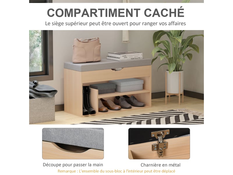  Meuble chaussures banc à chaussures 2 niveaux rangement, niche + coffre intégré avec coussin beige gris  - Conforama E