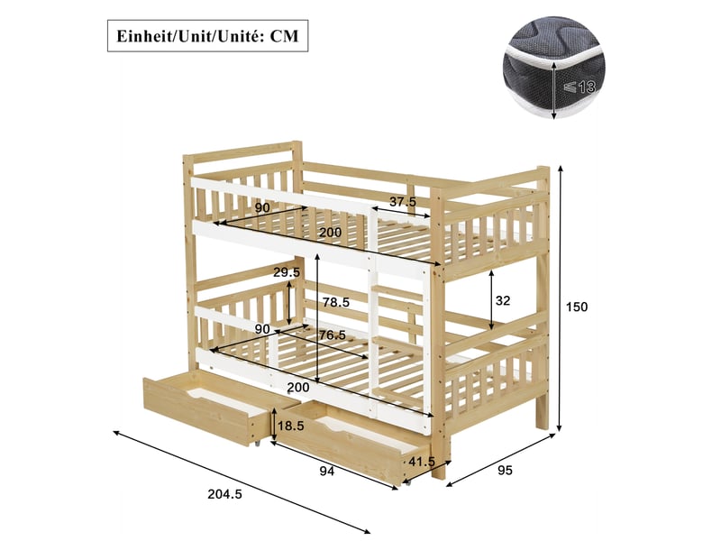  Lit superposé enfant 90x200 cm blanc bois, séparable en deux lits, 2 tiroirs et échelle intégrée  - Conforama C