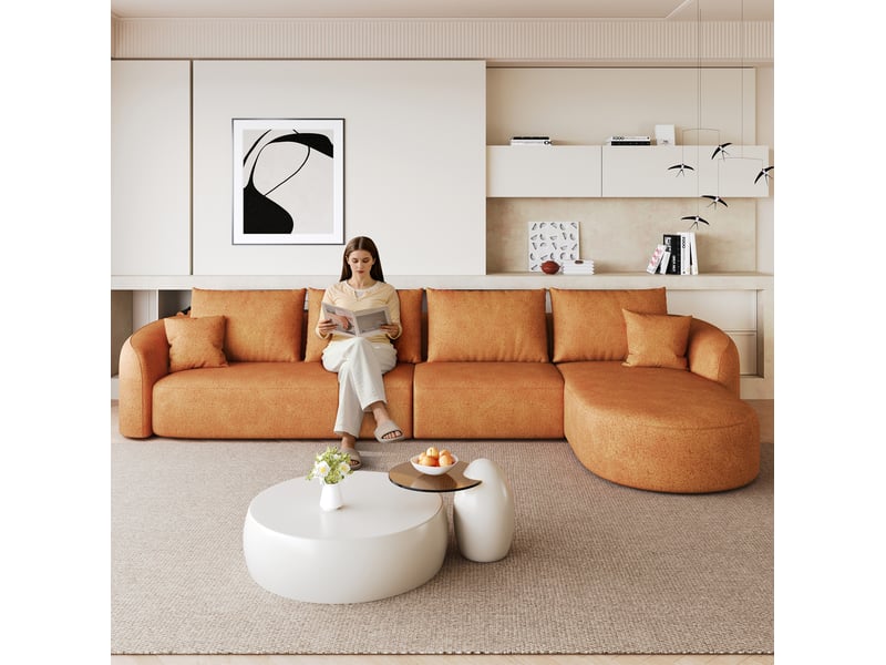 Canapé d'angle droit 4 places modulaire sans montage, mousse haute élasticité en chenille orange, 336 × 168 × 85 cm - Conforama D
