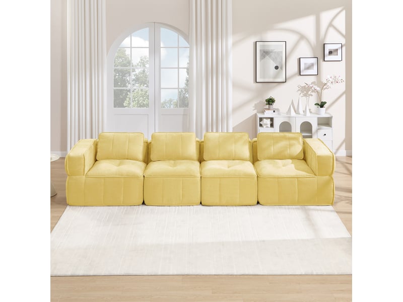Canapé modulable 4 places modenvie, 344 x 93 x 67 cm, structure sans cadre, mousse haute densité 32d, tissu polyester jaune, sans montage - Conforama B