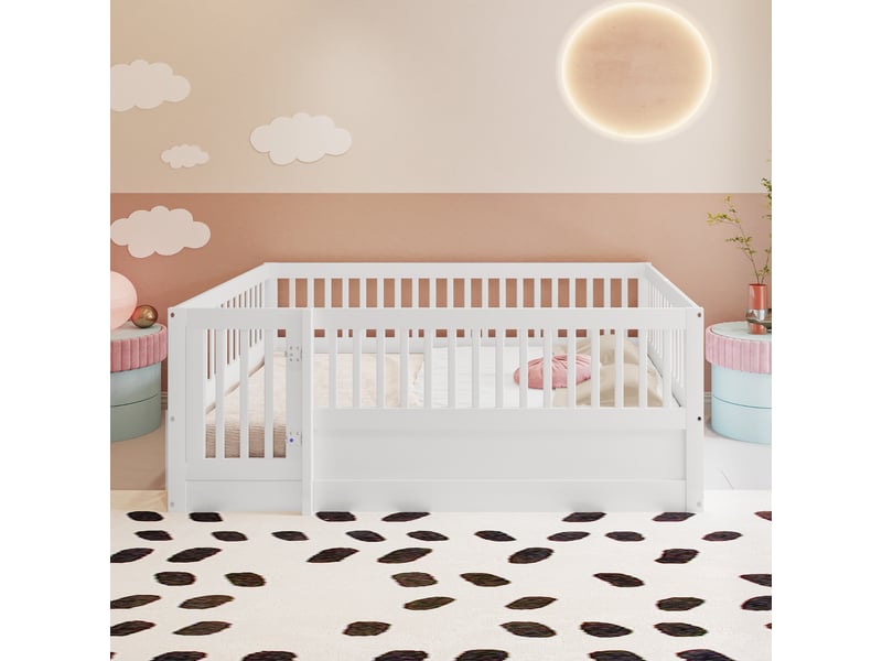  Lit enfant 140 × 200 cm 2 places avec barrière de sécurité et porte, sans matelas, en bois massif, blanc  - Conforama B