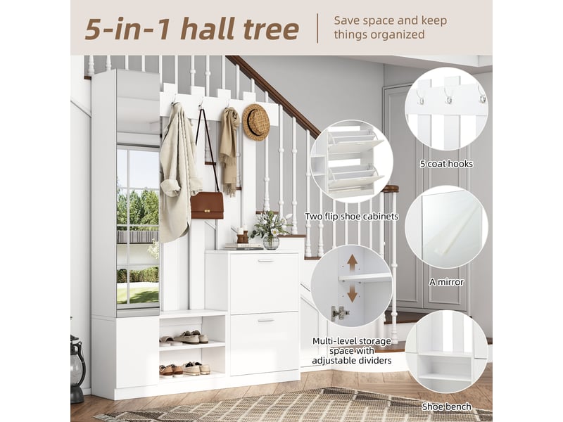 Meuble d'entrée à chaussures avec miroir, 2 portes abattantes, 5 crochets et rangements pour couloir 135×25×180 cm blanc - Conforama E