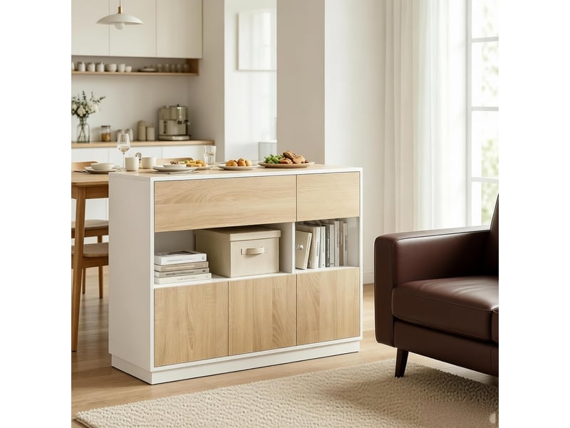 Buffet, avec compartiment ouvert et porte acrylique, antibasculement, 100×40×80 cm, blanc et chêne clair - Conforama C