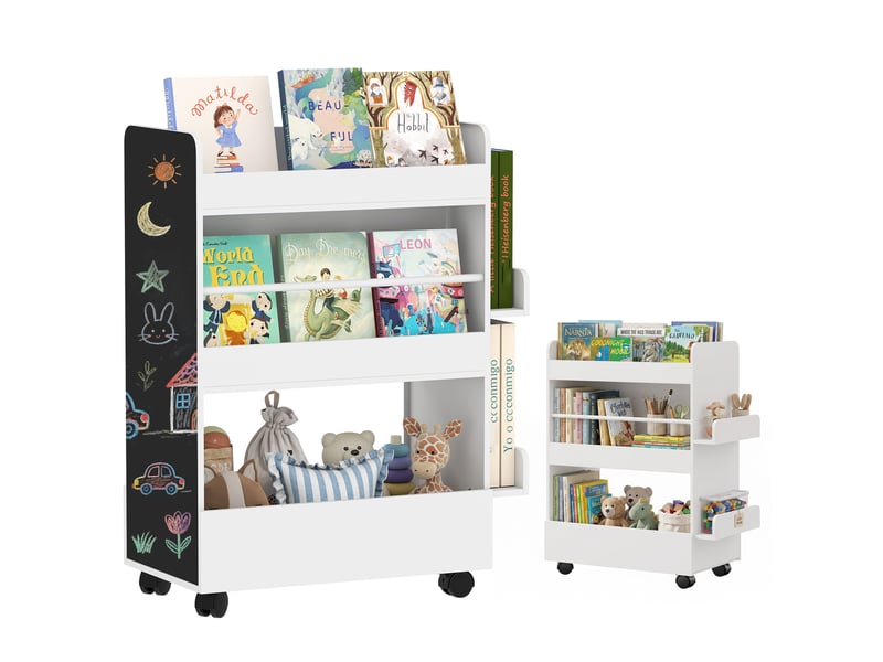  Bibliothèque pour enfant avec roulettes, rangement livre enfant de 3 à 8 ans avec tableau noir, 66,5x32,5x86,5cm, blanc  - Conforama A