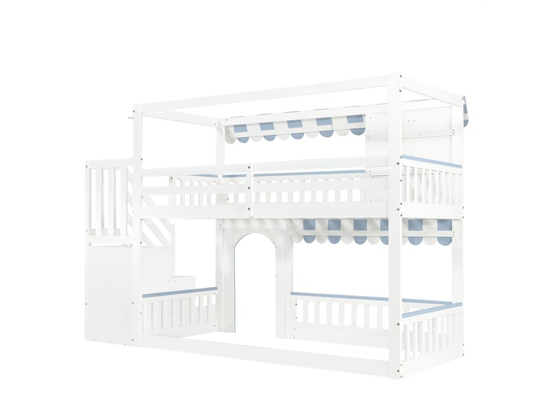  Lit enfant superposé, marches avec rangement, jolies fenêtres, protections, cadre blanc et bleu, 90x200cm  - Conforama A