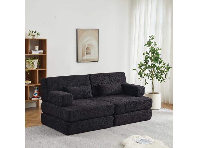  Canapé convertible 2-en-1 2 places 182 x 90 x 80 cm avec couchage pliant, dossier réglable et structure en fer, chenille, noir OMNIGLINT TRADING LTD - Conforama B