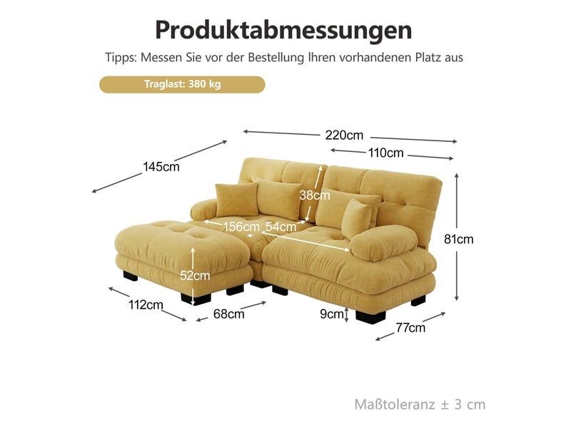 Canapé d’angle modulable 2 places en chenille jaune avec ottoman mobile  - Conforama E