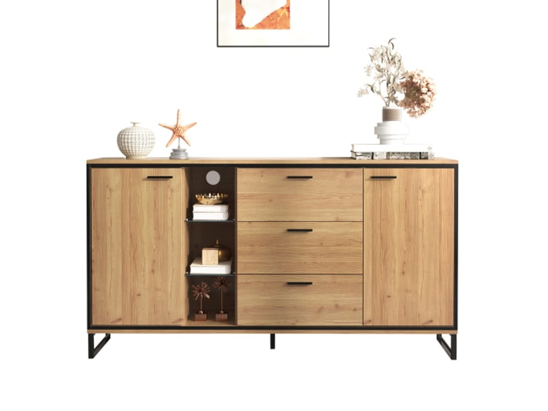  Buffet 2 porte(s) 3 tiroir(s) - 160 cm naturel led panneau de particules buffet naturel - Conforama A