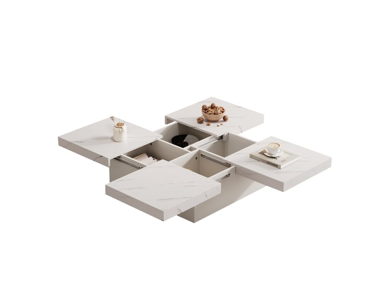  Table basse carrée blanche 90x90x25 cm, effet marbre, plateau coulissant, 4 tiroirs de rangement, meuble salon moderne  - Conforama A
