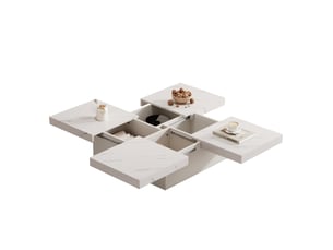 Table basse carrée blanche 90x90x25 cm, effet marbre, plateau coulissant, 4 tiroirs de rangement, meuble salon moderne