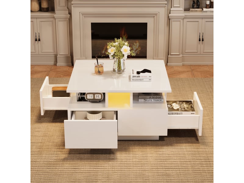  Table basse carrée 70x70 cm blanche haute brillance avec éclairage led et 4 tiroirs  - Conforama D