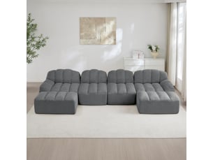Canapé panoramique coquille 4 places, 2 poufs gris – 366 x 165 x 79 cm