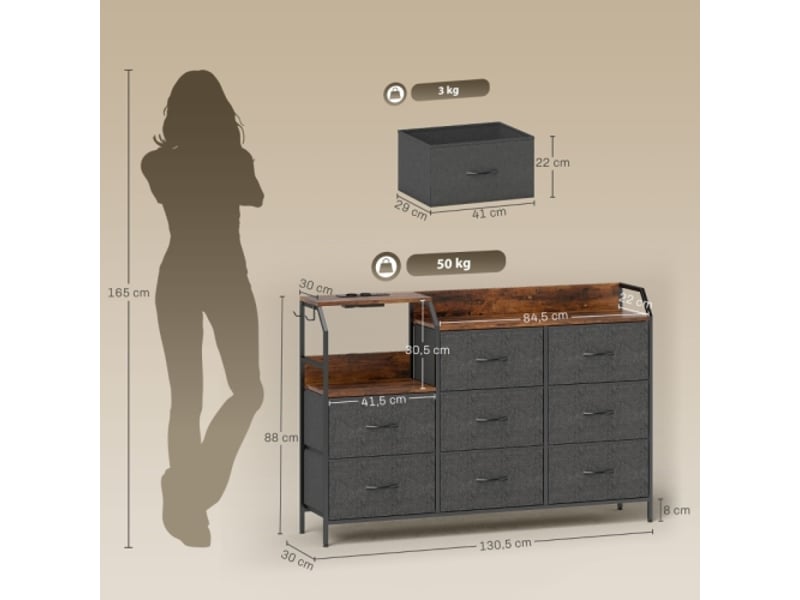  Commode 8 tiroirs en tissu cadre acier marron rustique noir avec station de charge intégrée  - Conforama C