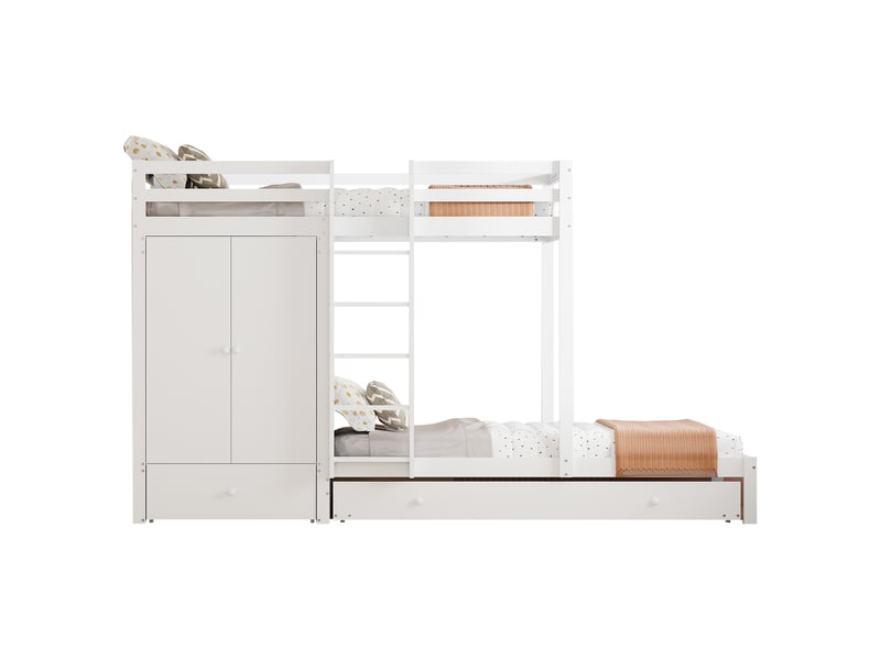  Lit enfant 90x200cm,lit superposé,lit gigogne en bois massif avec armoire,tiroirs,étagère,échelle et garde-corps,blanc lit enfant blanc - Conforama A